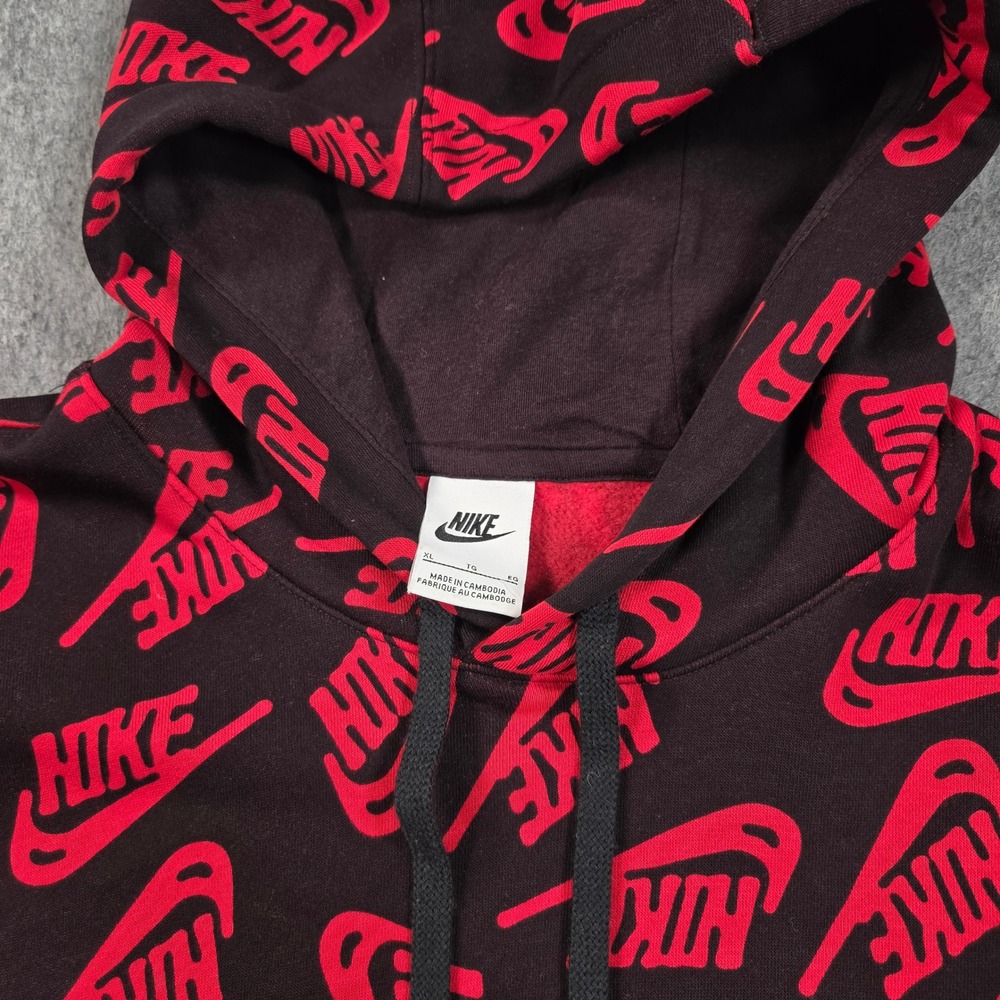 Nike Sportswear Club Hoodie Mens XL Black Red All Over Print Fleece Pullover - Picture 2 of 9